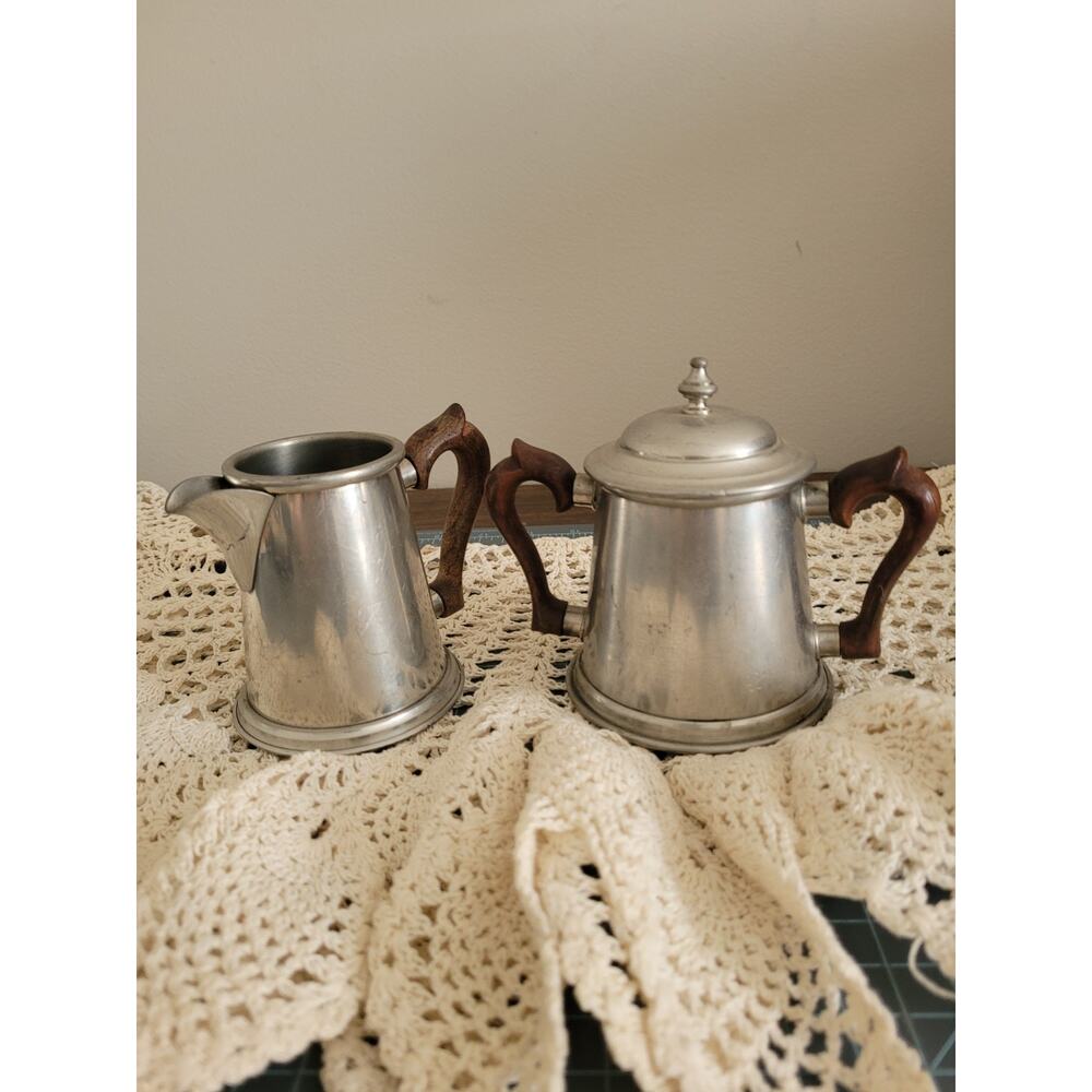 Vintage Stieff Pewter Colonial Sugar Bowl lid and Creamer Wood Handles